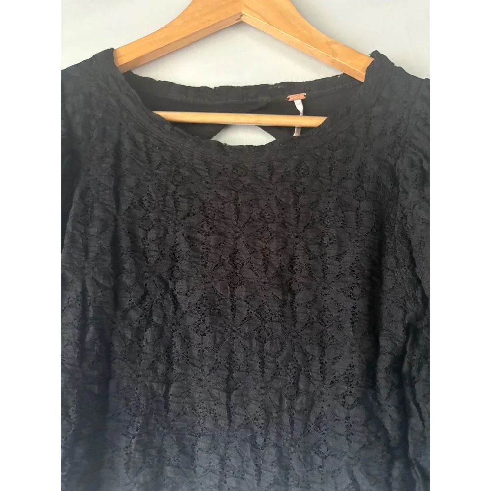 Free‎ People Tea Time Lace Puff Sleeve Top Black Small